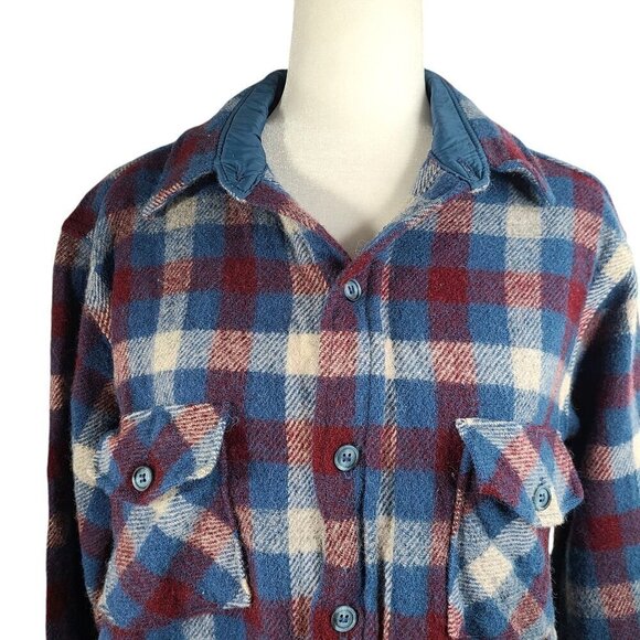 Vintage Woolrich Navy Teal Gray Plaid Heavyweight Work Flannel Shirt Wool - Picture 3 of 6